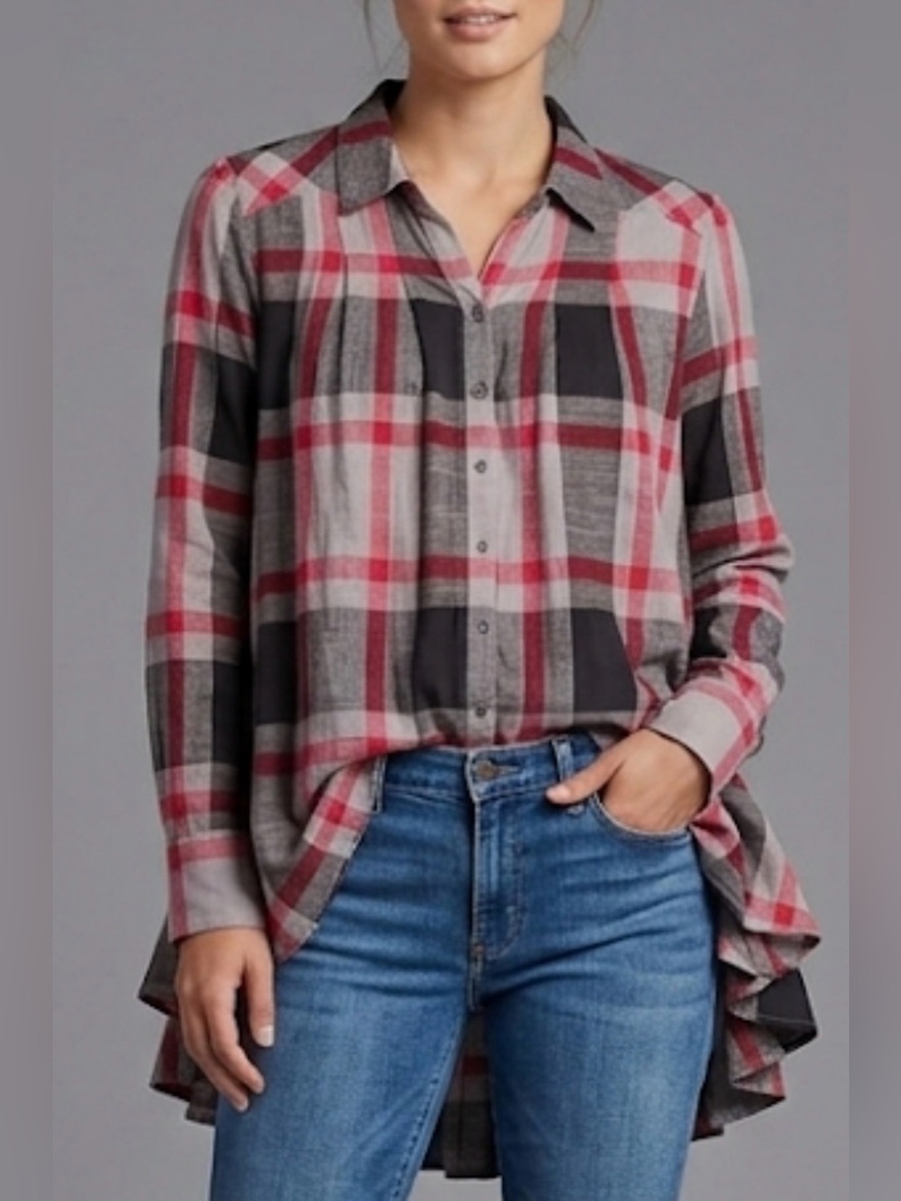 Free People Peppy in Plaid Oversized Blouse, Size S